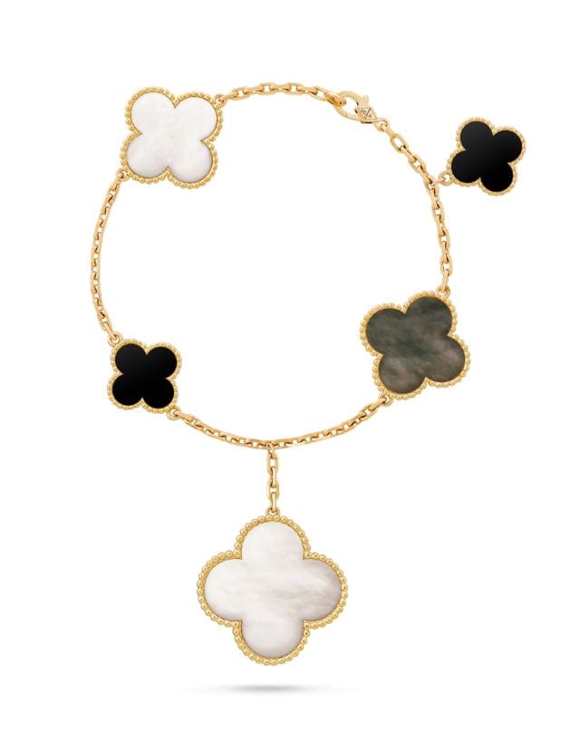 Magic Alhambra bracelet 5 motifs in 18K yellow gold witj Mother-of-pearl and Onyx , SGD 10,900 (approximately P472,389.65), VAN CLEEF & ARPELS, vancleefarpels.com